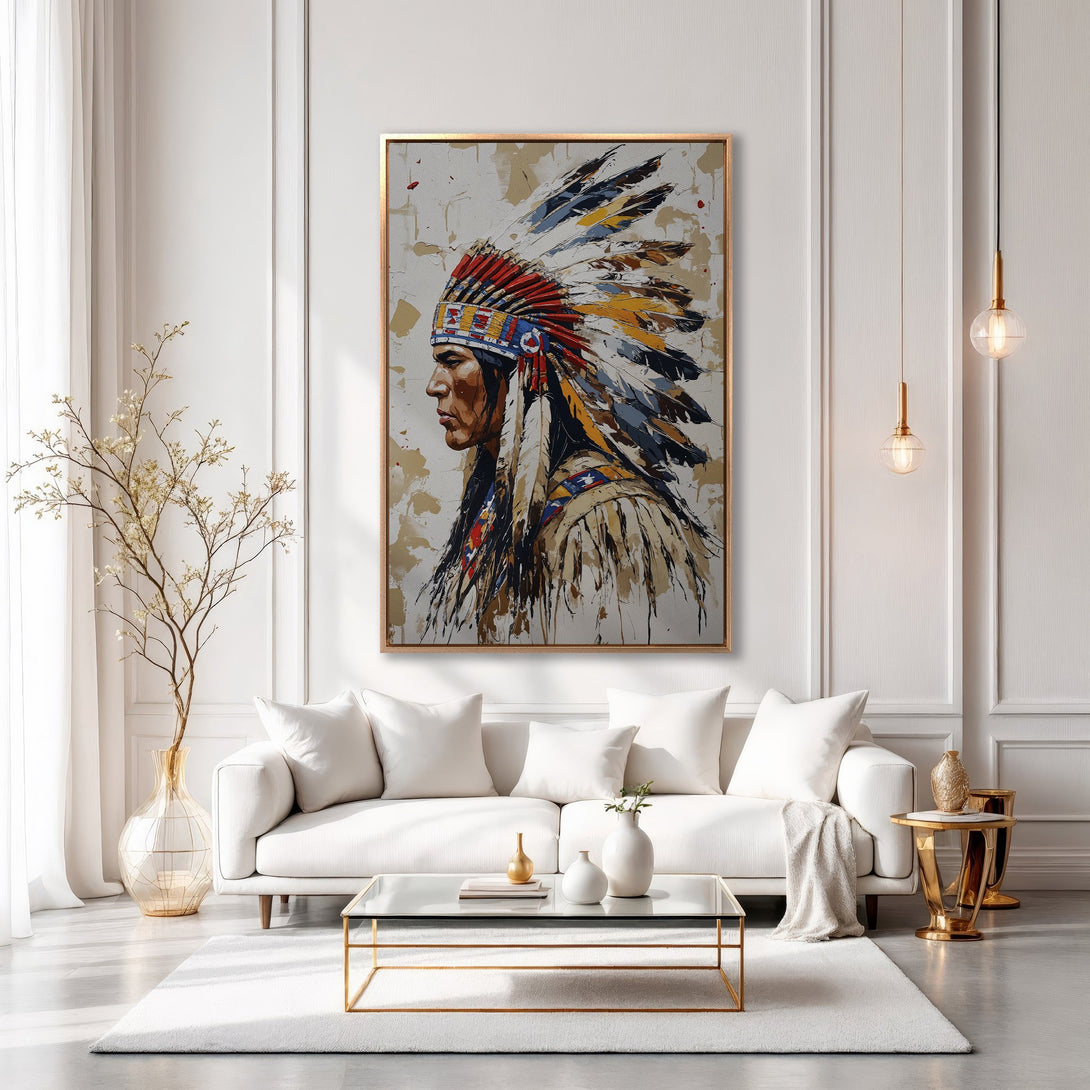 Framed Wall Art of Native American Chief in a modern interior. Bold, colorful painting with gold frame. Perfect for living room decor.