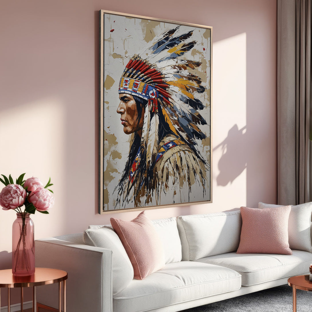 Framed Wall Art: Native American portrait canvas print in warm tones. Perfect for living room decor. Adds a touch of culture and style.