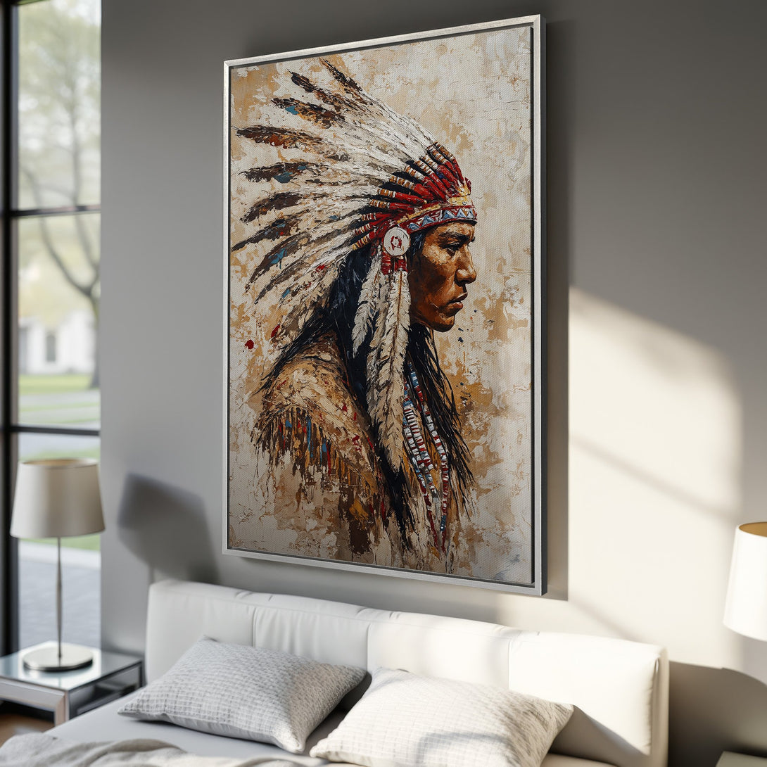 Framed Wall Art: Native American portrait Canvas Print in warm earth tones. Add rustic elegance to your space with this striking artwork.