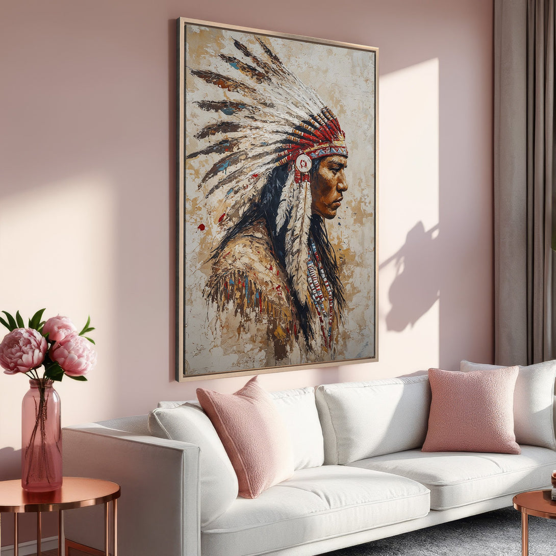 Framed Wall Art: Stunning Native American portrait in warm earth tones. Adds a touch of elegance to any living room. Shop our Canvas Print collection today!