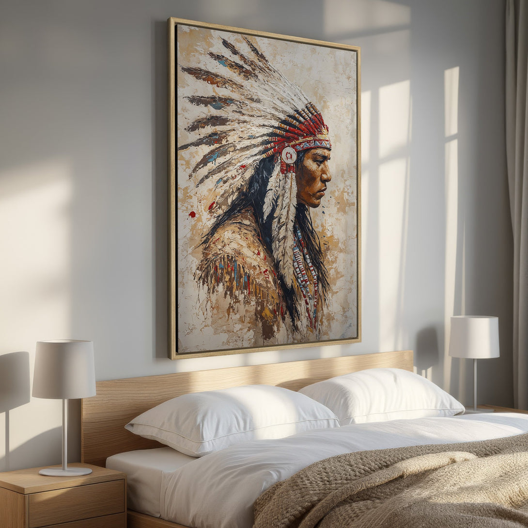 Framed Wall Art: Native American portrait canvas print in warm earth tones. Enhance your bedroom decor with this stunning, textured artwork.