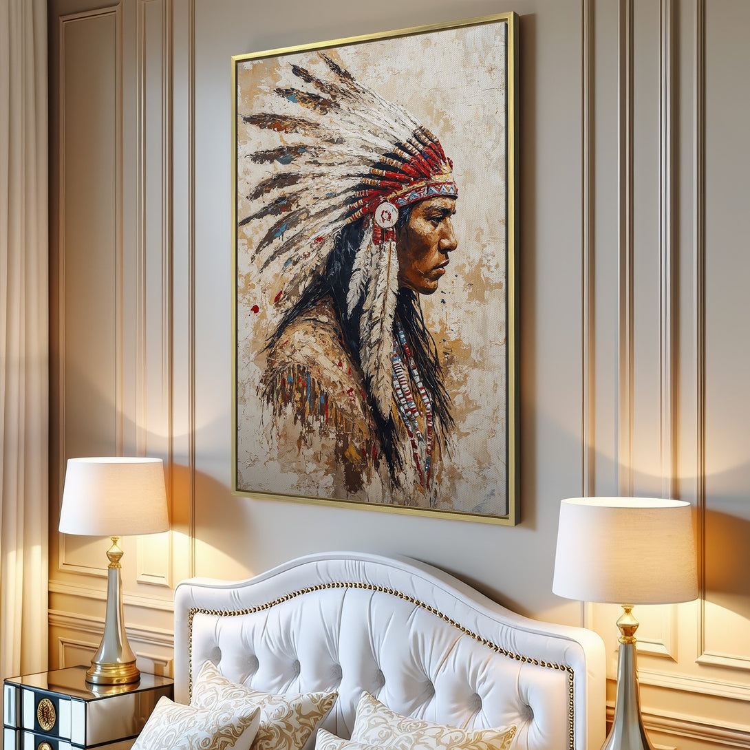 Canvas Print of Native American portrait in warm, earthy tones. Rustic style wall art perfect for living room decor.