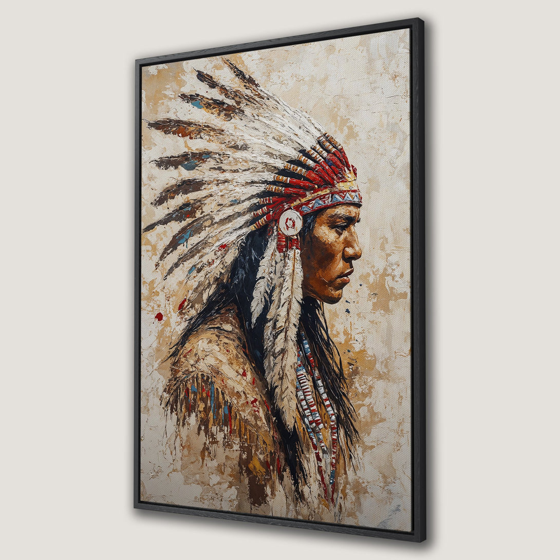 Framed Wall Art: Native American portrait in warm earth tones. Textured canvas print with a striking profile and detailed headdress. Add cultural art to your decor!