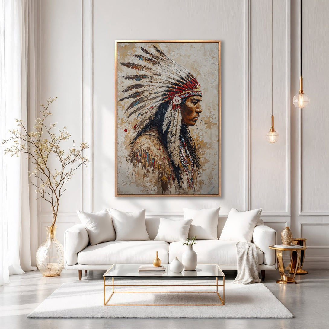 Framed Wall Art: Native American portrait in warm, earthy tones. Modern interior with white and gold accents. Elevate your space with this stunning artwork!