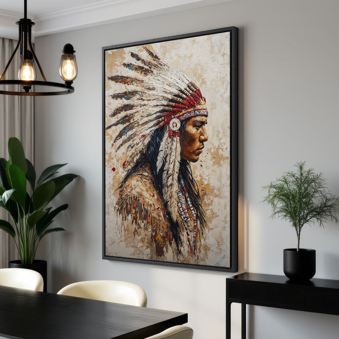 Framed Wall Art: Stunning native American portrait canvas print. Warm, earthy tones and textured brushstrokes create a captivating piece for your home decor.
