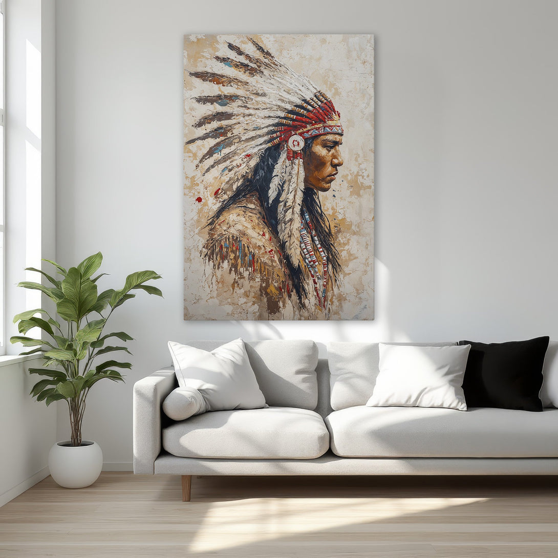 Framed Wall Art: Native American portrait in warm tones. Add a touch of history & style to your home with this stunning canvas print.