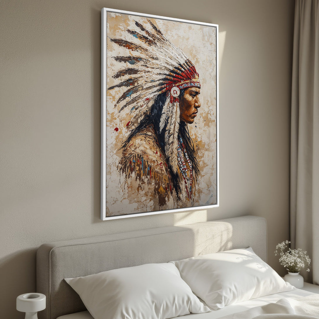 Framed Wall Art of Native American in profile. Warm beige and earth tones, painted style. Perfect for bedroom decor.