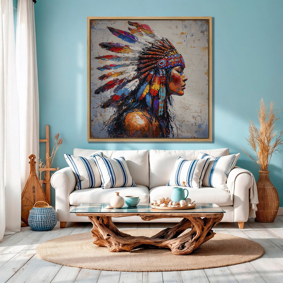 Framed Wall Art: Native American portrait in vibrant colors. Modern abstract style with a warm, inviting palette. Perfect for living room decor.