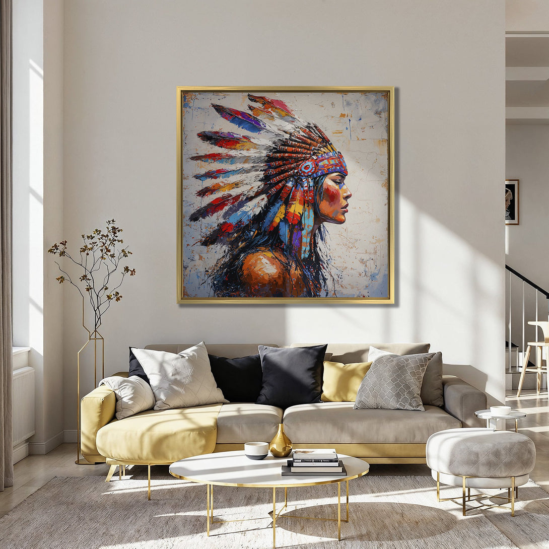 Canvas Print of Native American woman in profile, vibrant colors, abstract style, displayed in a modern interior with red chairs.