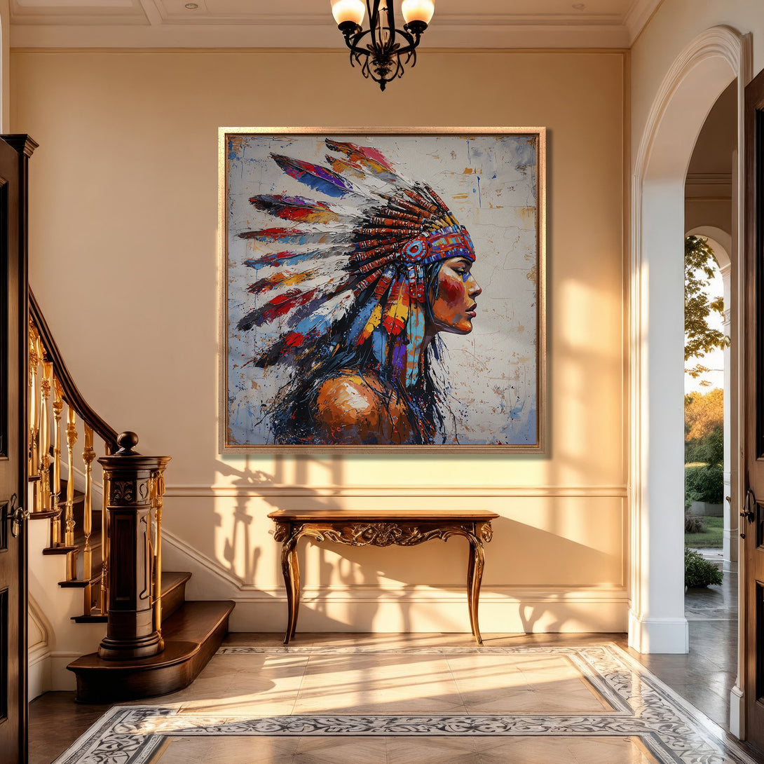 Framed Wall Art: Stunning Native American portrait in vibrant colors. Abstract style canvas print adds elegance to any interior. Shop now!