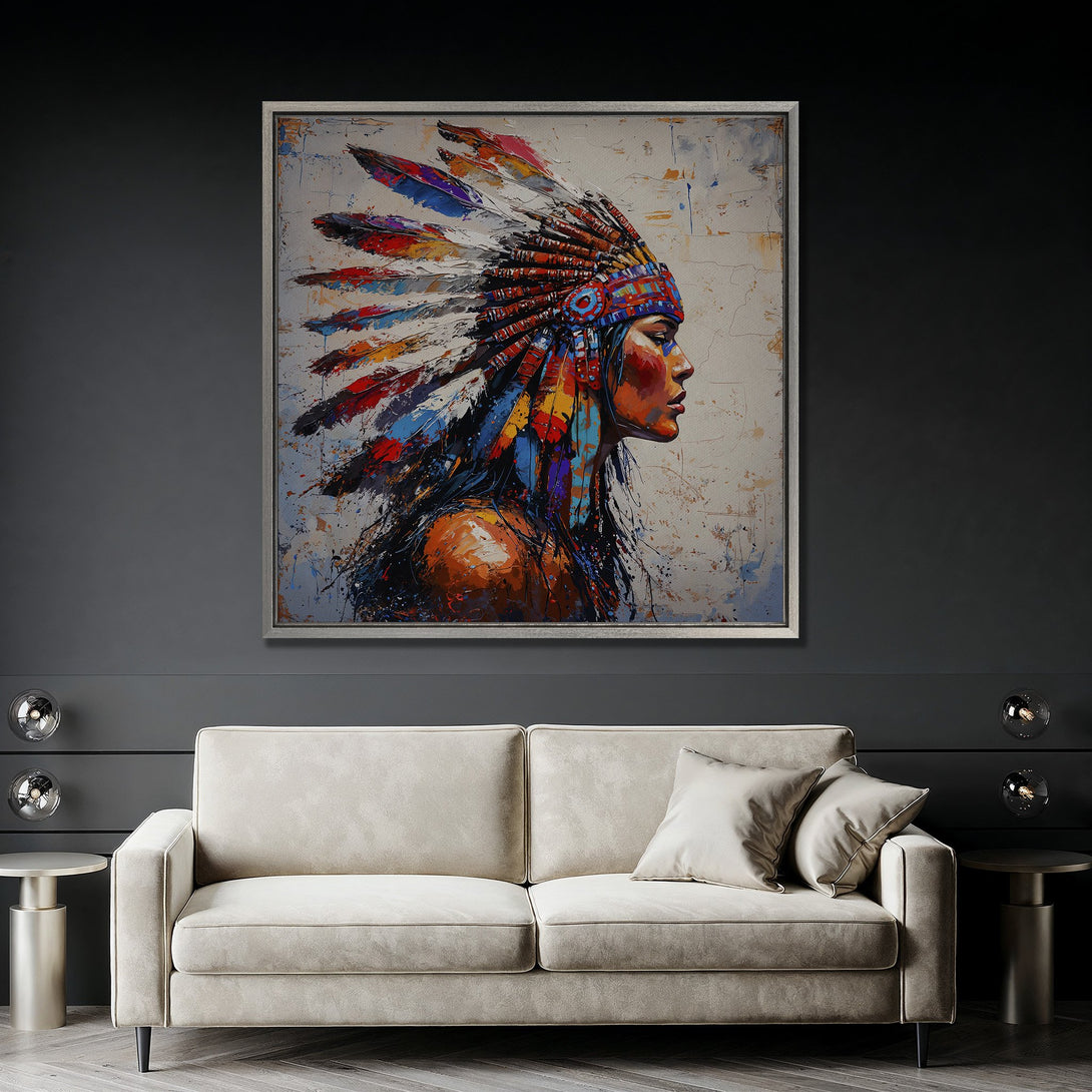 Framed Wall Art: Native American portrait with vibrant colors. Modern abstract style with a warm, earthy palette. Perfect for living room decor.