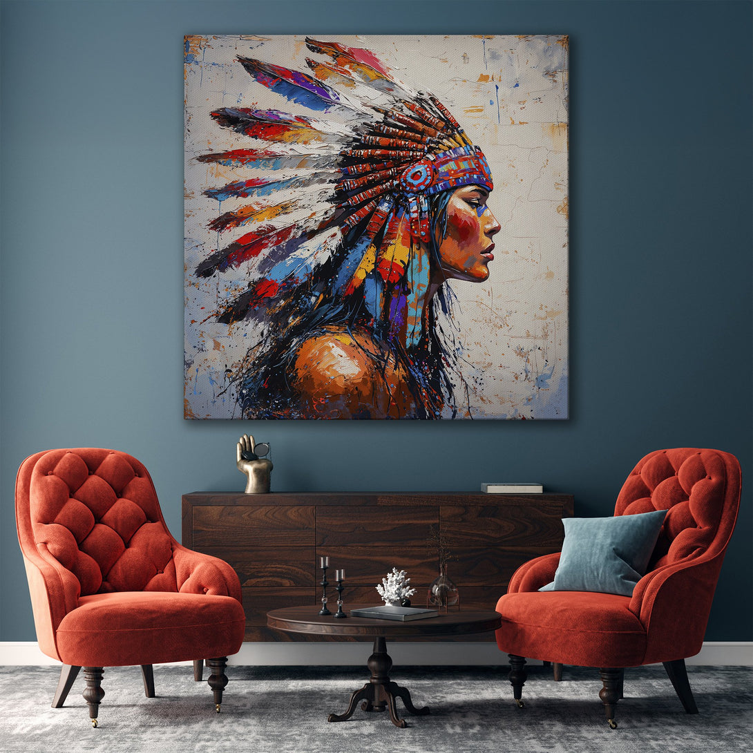 Framed Wall Art featuring a Native American woman with a colorful headdress. Abstract style, warm color palette. Perfect for living room decor.