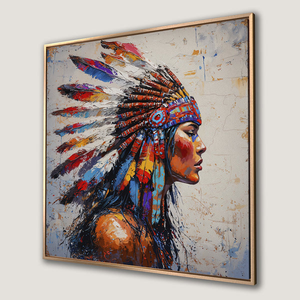 Framed Wall Art: Stunning Native American portrait in vibrant colors. Bold brushstrokes and a rich, warm palette. Elevate your space with this captivating artwork.