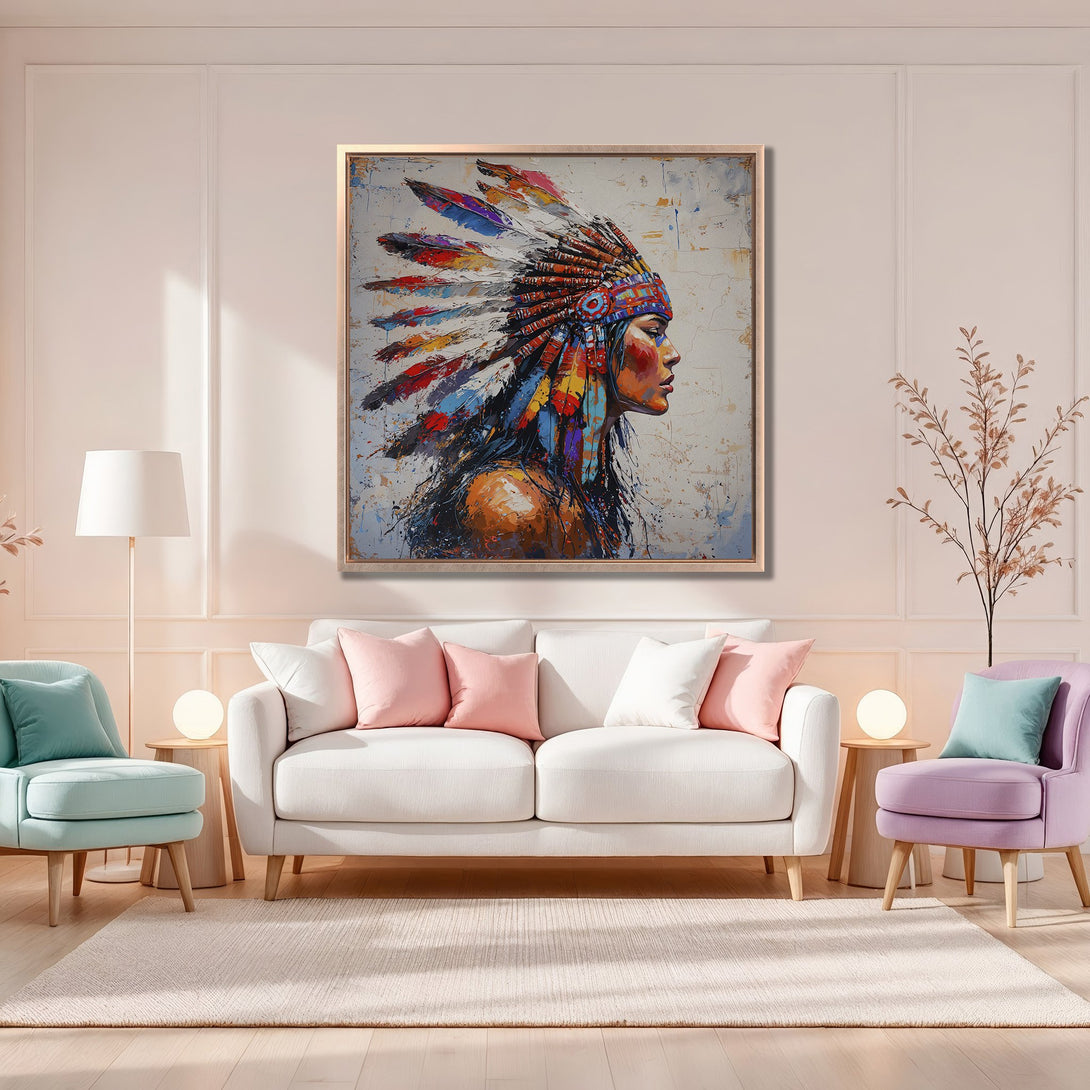 Framed Wall Art: Colorful Native American portrait canvas print. Modern abstract style with warm, vibrant hues. Perfect for adding artistic flair to your space.