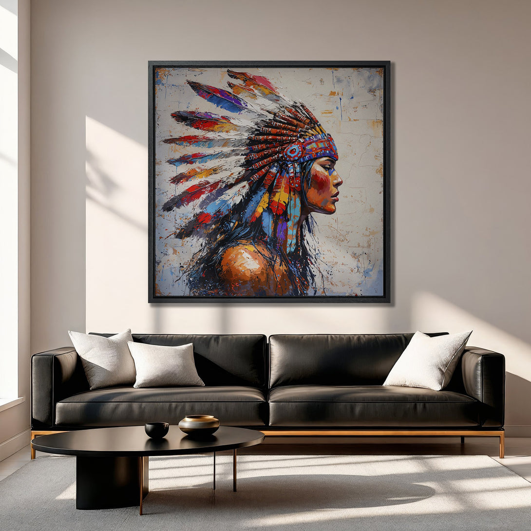 Framed Wall Art: Native American woman portrait in vibrant, abstract style. Colorful feathers & warm tones create a stunning focal point for your home.