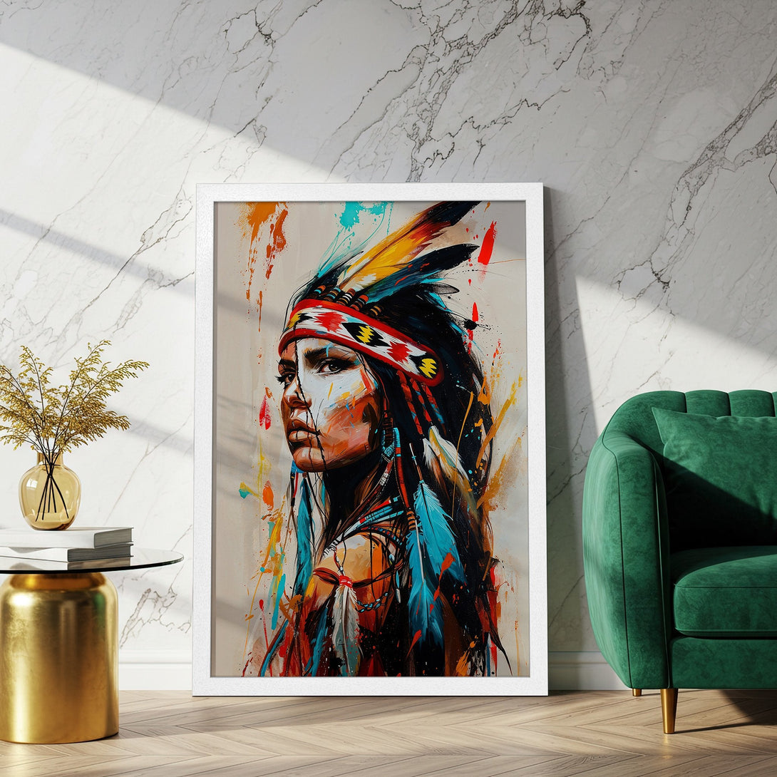 Framed Poster featuring a Native American woman in a colorful, abstract style. Vibrant blues, oranges, and reds on a neutral background.