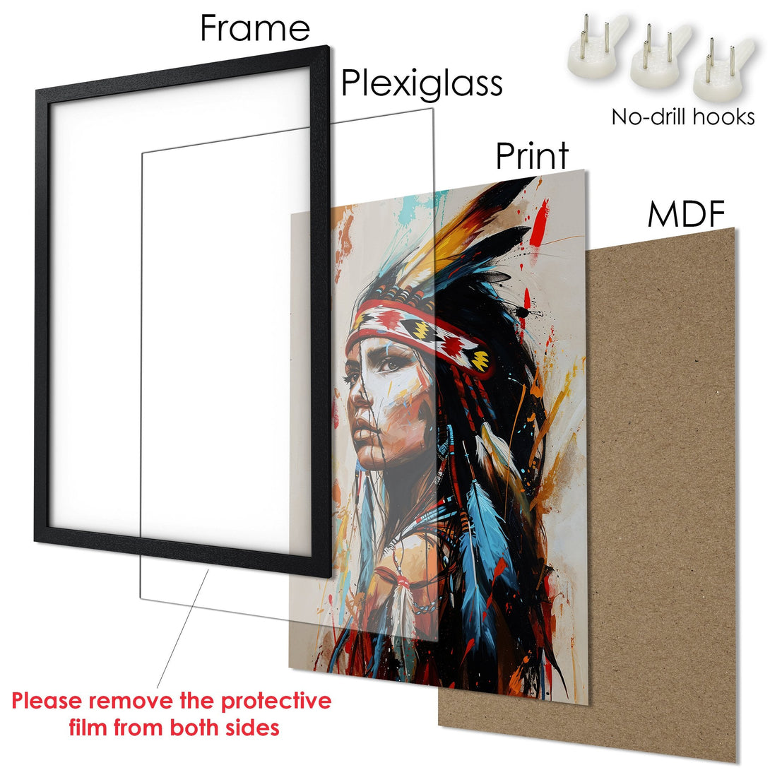 Framed Poster featuring a Native American portrait in a vibrant, abstract style with a warm, colorful palette. Perfect wall art!