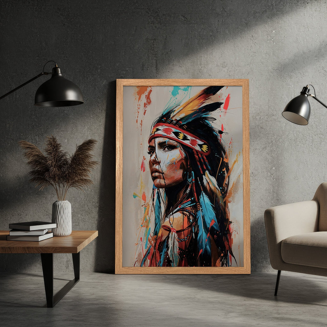 Framed Poster featuring a Native American portrait in a vibrant, abstract style with a colorful palette. Perfect wall art!