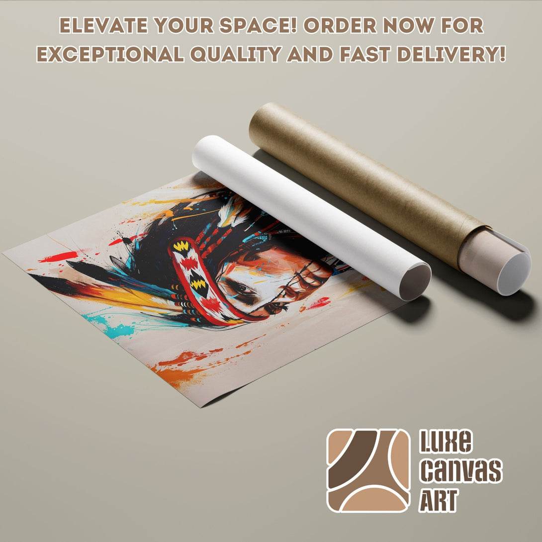 Poster Roll featuring Native American art in a vibrant, abstract style with a warm color palette. Elevate your space today!