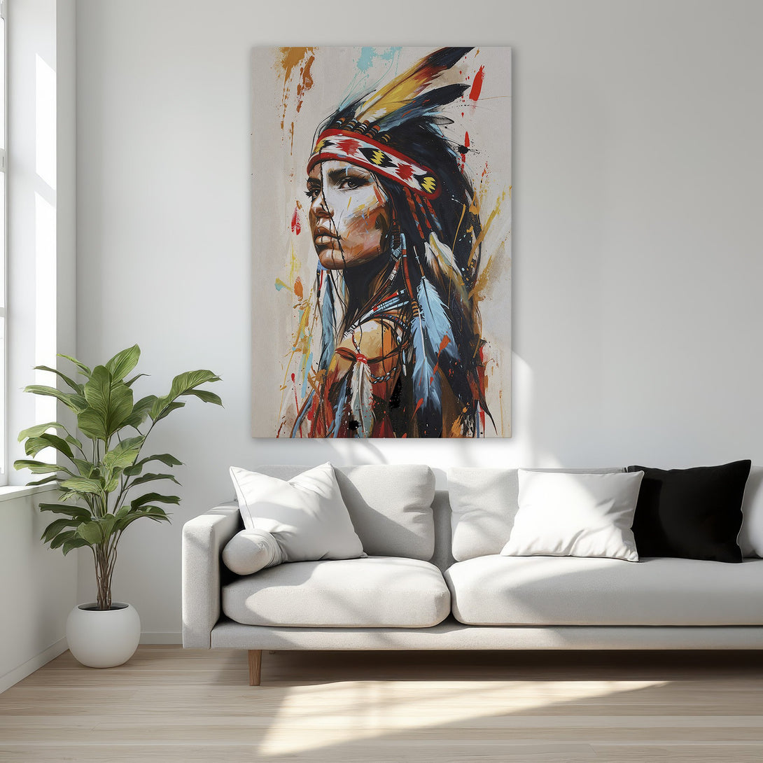 Framed Wall Art: Stunning Native American portrait canvas print. Features vibrant colors and an expressive, artistic style. Perfect for adding a touch of elegance to any room.