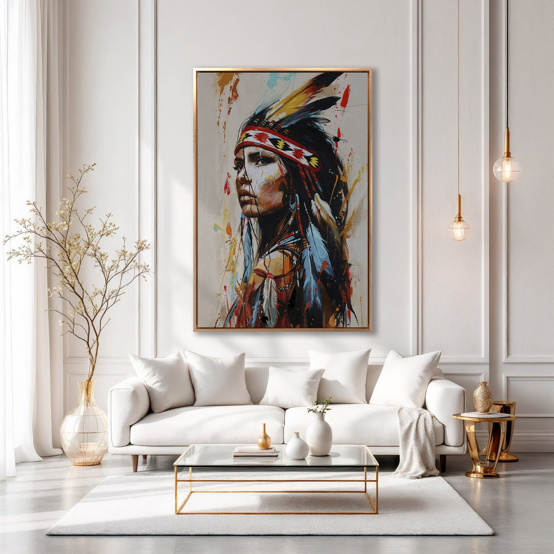 Framed Wall Art featuring an abstract Native American portrait in vibrant colors. Modern art canvas print perfect for living room decor.