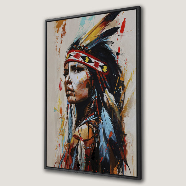 Framed Wall Art: Native American woman portrait in vibrant colors. Abstract style canvas print with a warm and inviting palette, perfect for any space.