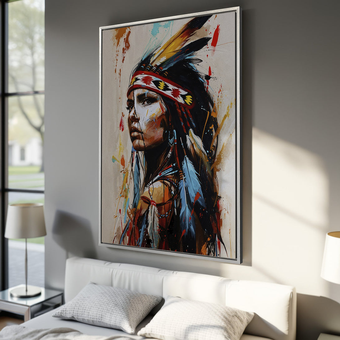 Framed Wall Art: Native American portrait in vibrant colors. Abstract style Canvas Print with red, blue, and gold accents, perfect for modern home decor.