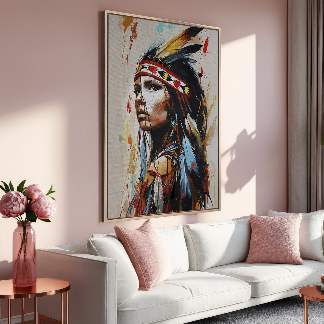 Framed Wall Art featuring a Native American portrait in vibrant colors. Modern abstract style with a warm, inviting color palette. Perfect for living room decor.