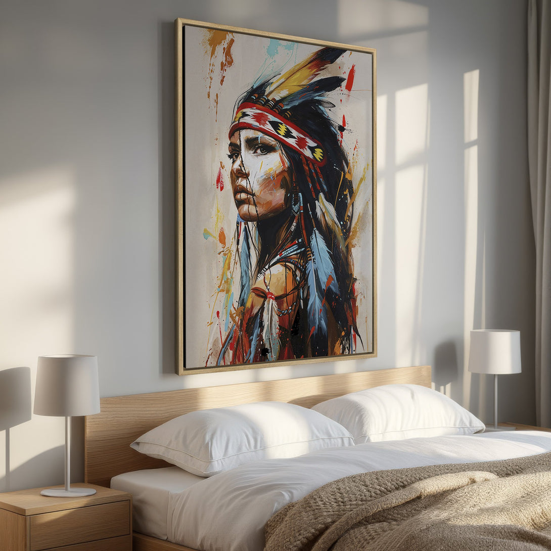 Framed Wall Art: Native American woman portrait in vibrant colors. Abstract style canvas print, perfect for bedroom decor. Warm, earthy tones.