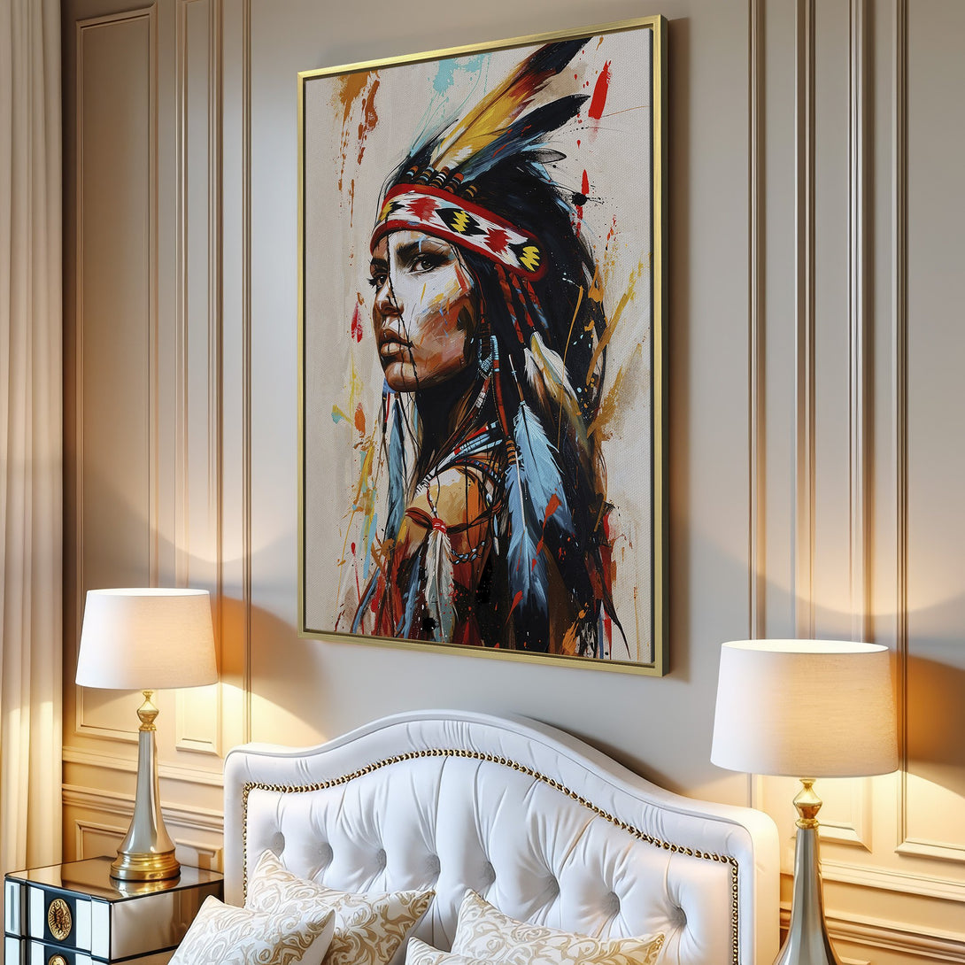 Canvas Print of Native American woman, vibrant colors, abstract style, perfect for living room decor.