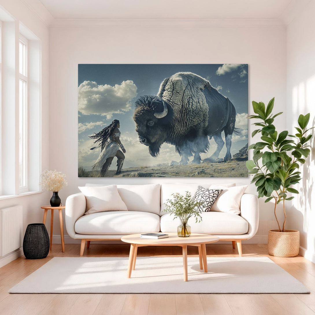 Framed Wall Art: Majestic bison & woman art print in a gold frame. Blue, white, & gold color palette. Perfect for living room decor.