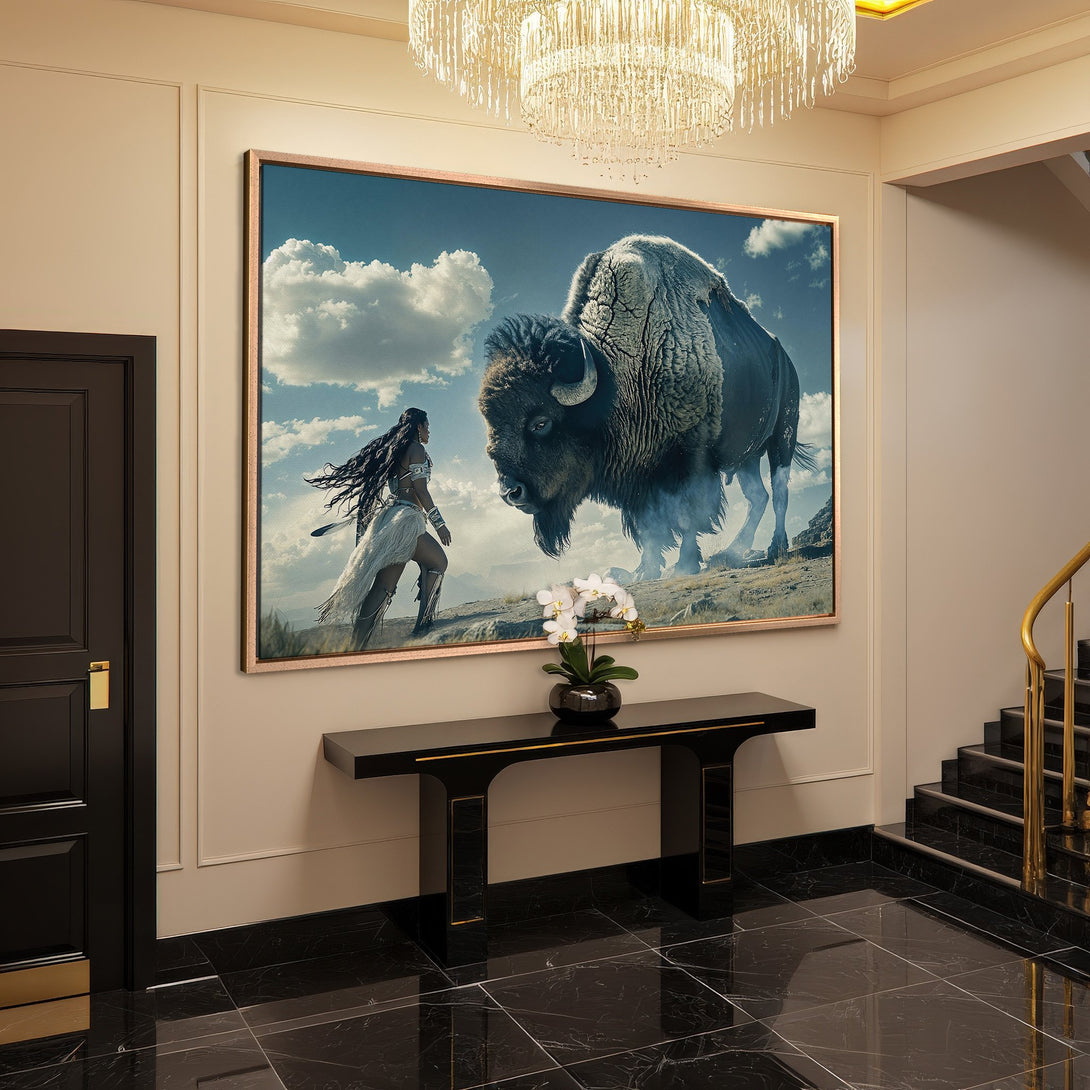 Framed Wall Art: Stunning Native American woman & bison art print in a luxurious interior. Earthy tones & dramatic sky. Elevate your space!