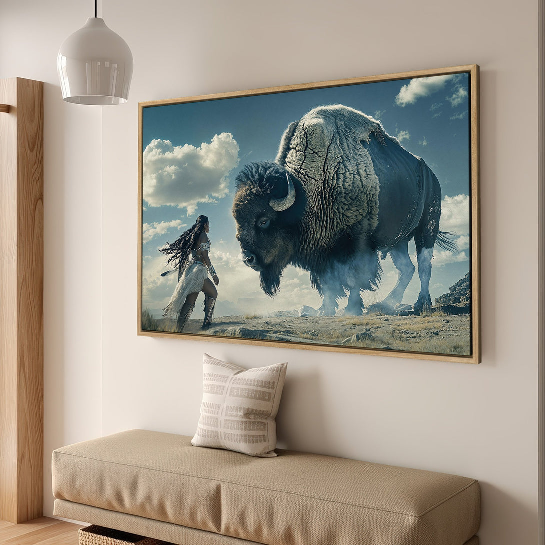 Framed Wall Art featuring a Native American woman facing a bison, set against a blue sky. Earthy tones and a touch of fantasy create a captivating canvas print.