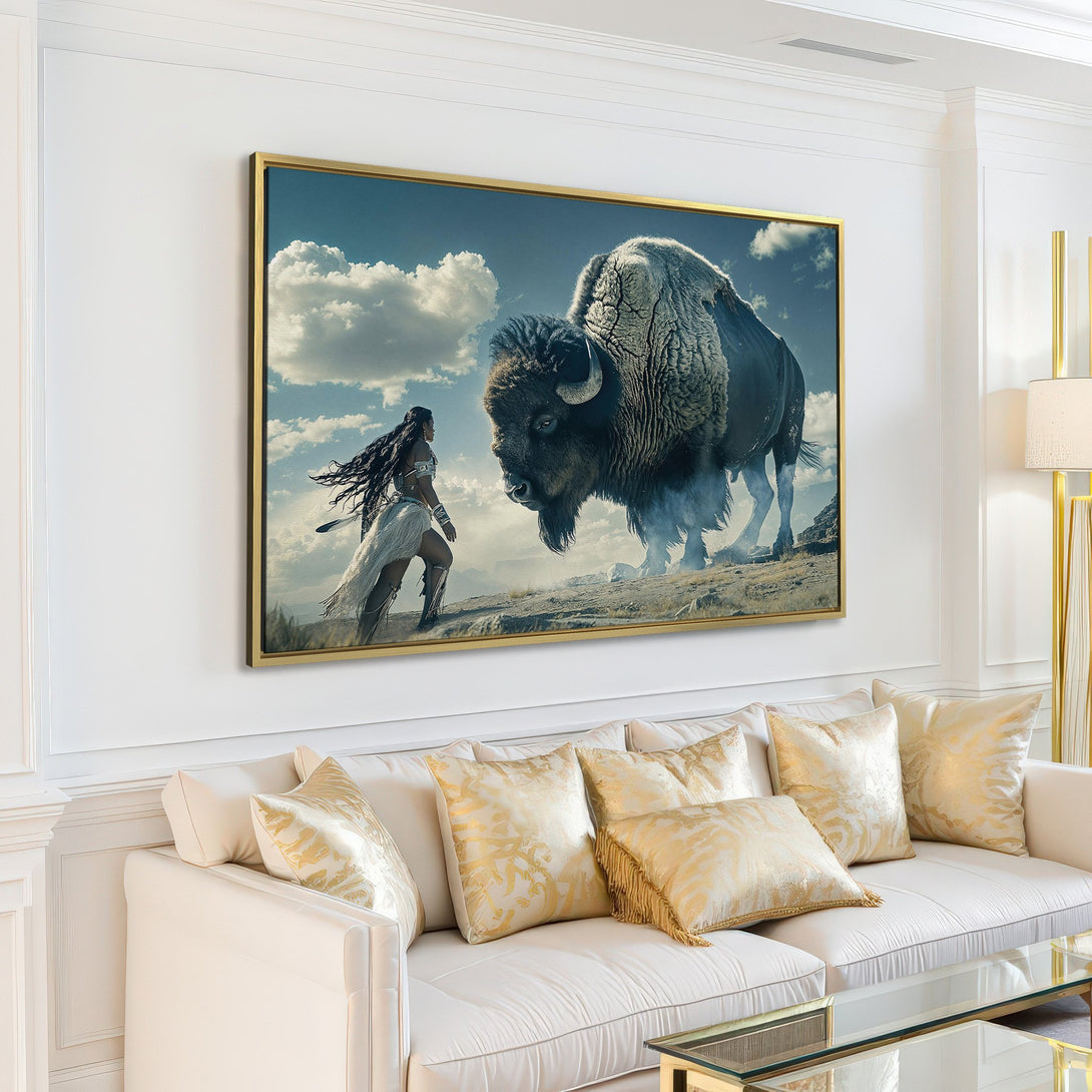 Canvas Print: Epic bison & warrior art in a neutral-toned living room. Dramatic scene with blue, gray, and white hues. Elevate your space with stunning wall art!