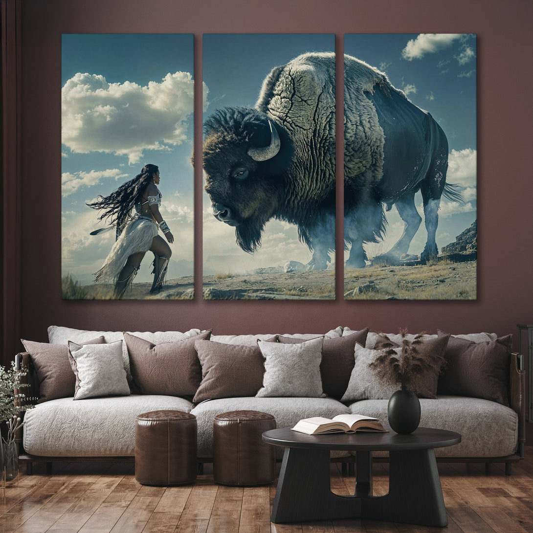 Canvas Print: Epic Native American woman and bison art in a dramatic, earthy color palette. Perfect for adding a touch of wild beauty to your home decor.