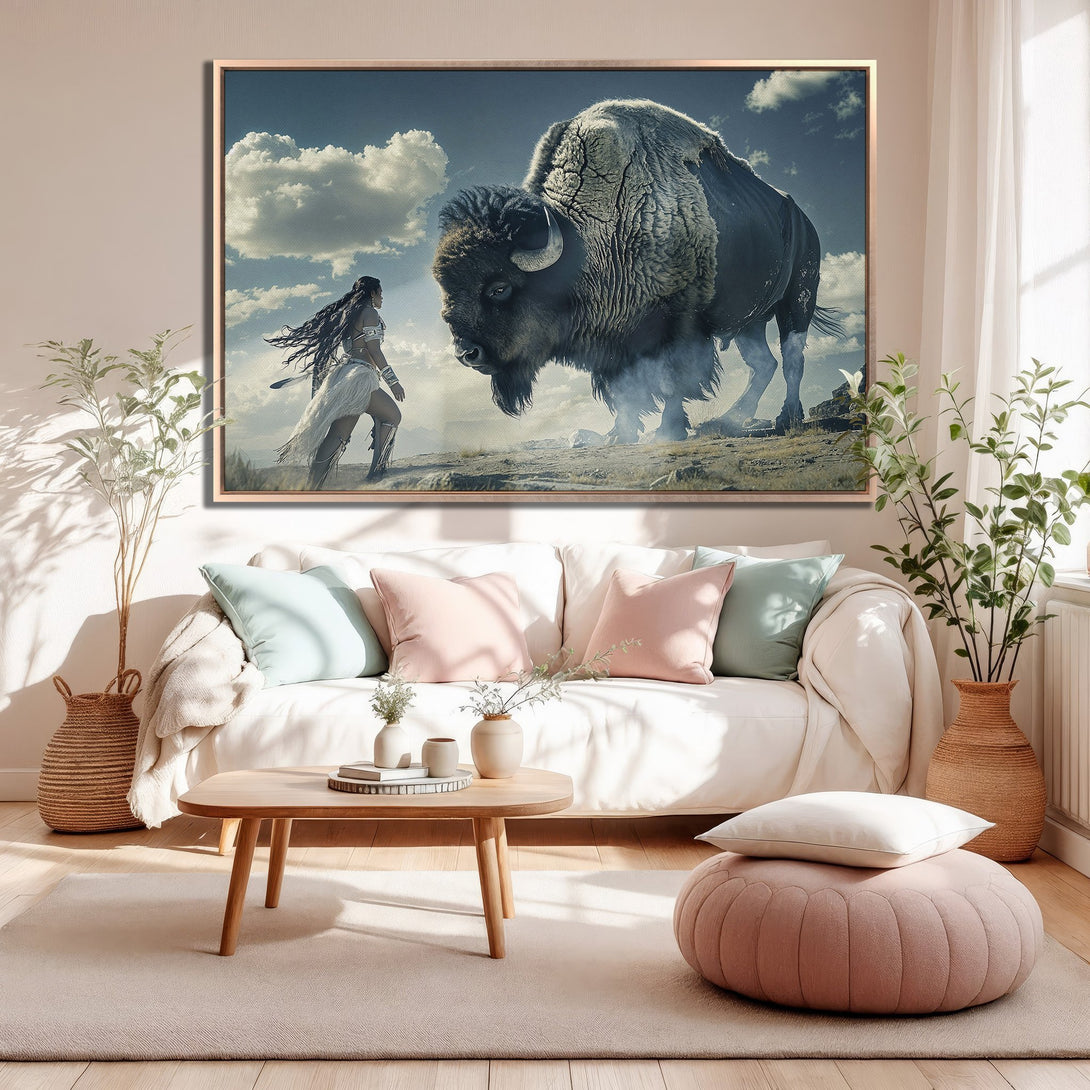Framed Wall Art: Stunning bison & woman art print in a neutral palette. Add a touch of nature and style to your home decor with this unique canvas print.