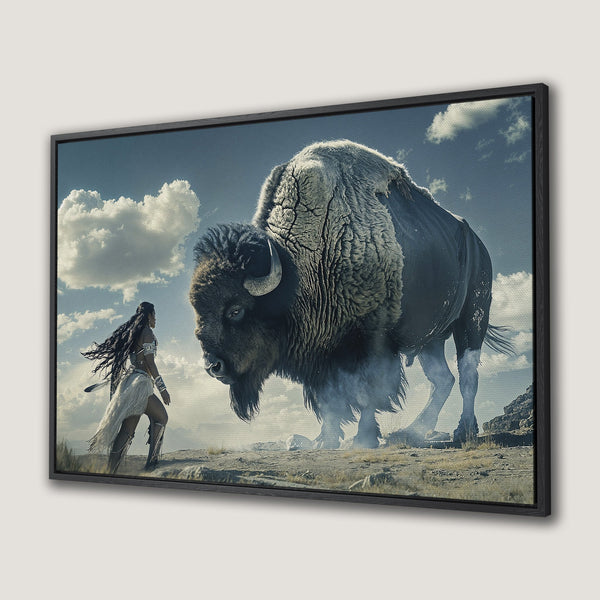 Framed Wall Art: Bison and Native American woman in a dramatic scene. Earthy tones with blue sky. Perfect for modern home decor.