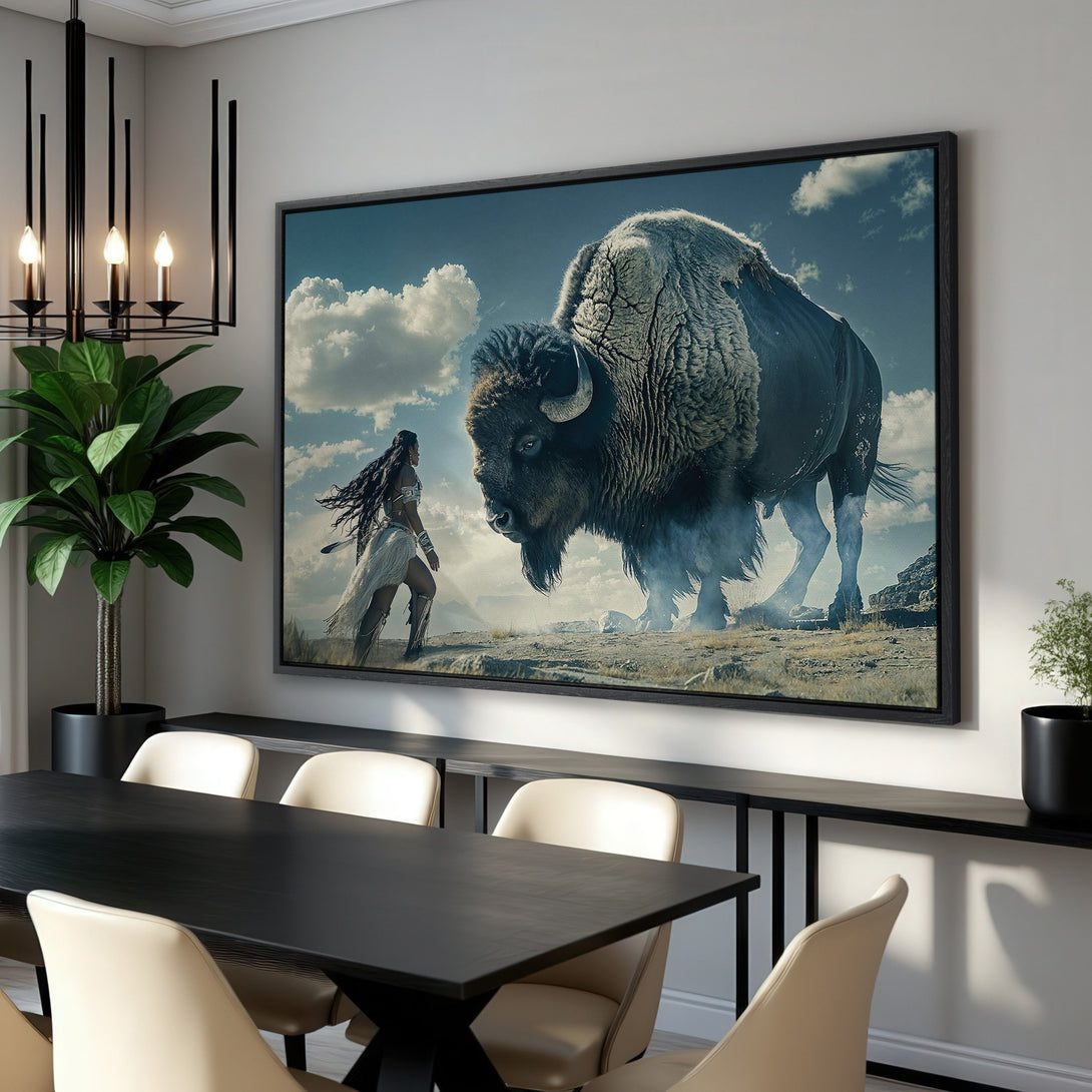 Framed Wall Art: Majestic bison and woman in a fantasy scene, blue sky, earth tones. Elevate your space with this stunning Canvas Print!