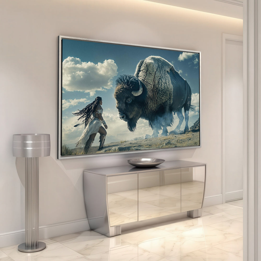Framed Wall Art: Epic bison & warrior scene in blue & earth tones. Stunning canvas print adds bold style to any interior. Shop now!