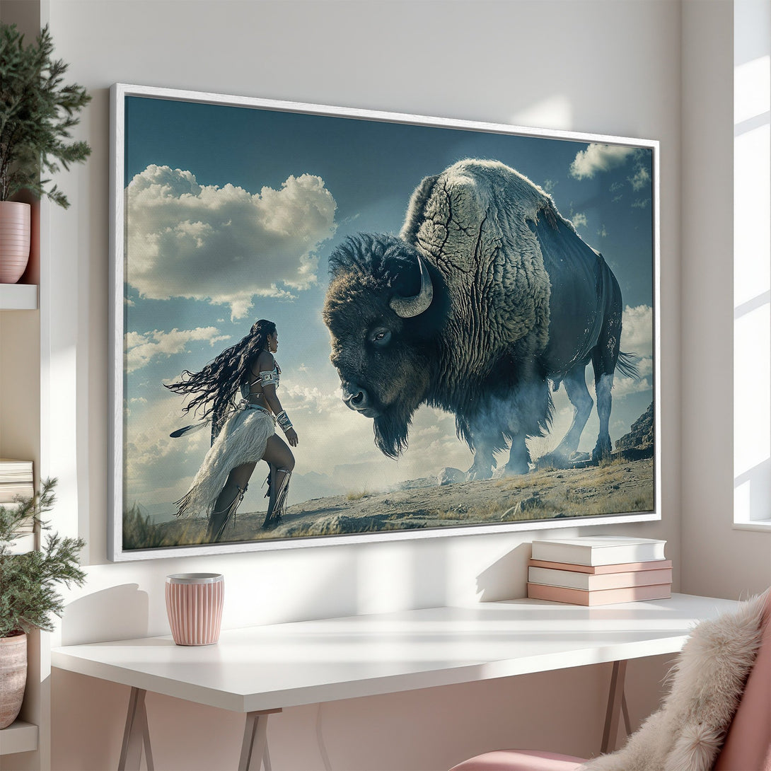 Framed Wall Art: Majestic bison and Native American woman in a blue and earthy toned landscape. Add a touch of nature to your home!