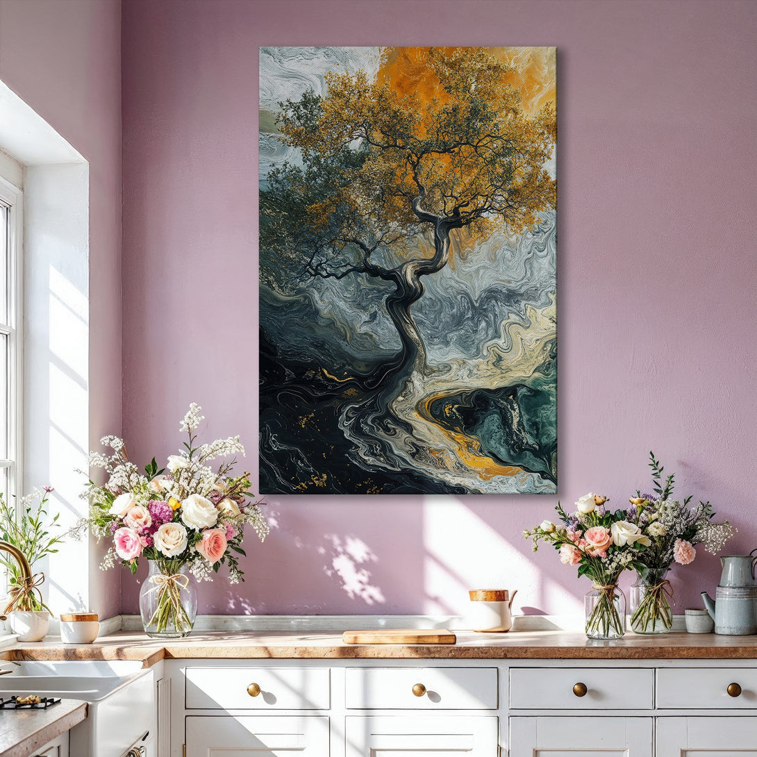 Framed Wall Art: Abstract tree art in gold, gray, and black. Modern canvas print adds elegance to any living room. Shop now for unique wall decor!