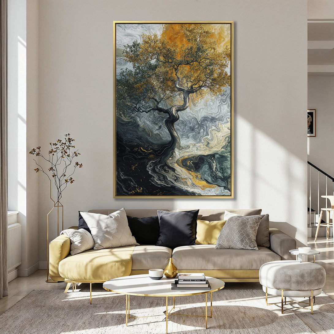 Canvas Print of an abstract tree in gold, black, and teal. Modern wall art for home decor.