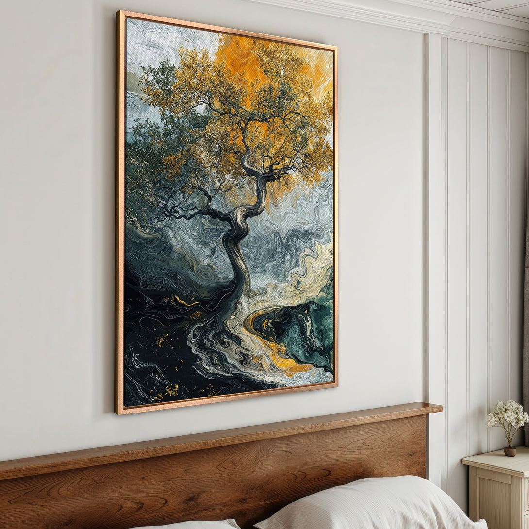 Framed Wall Art featuring an abstract tree in a modern style with a gold, green, and black color palette. Perfect for adding art to your bedroom.