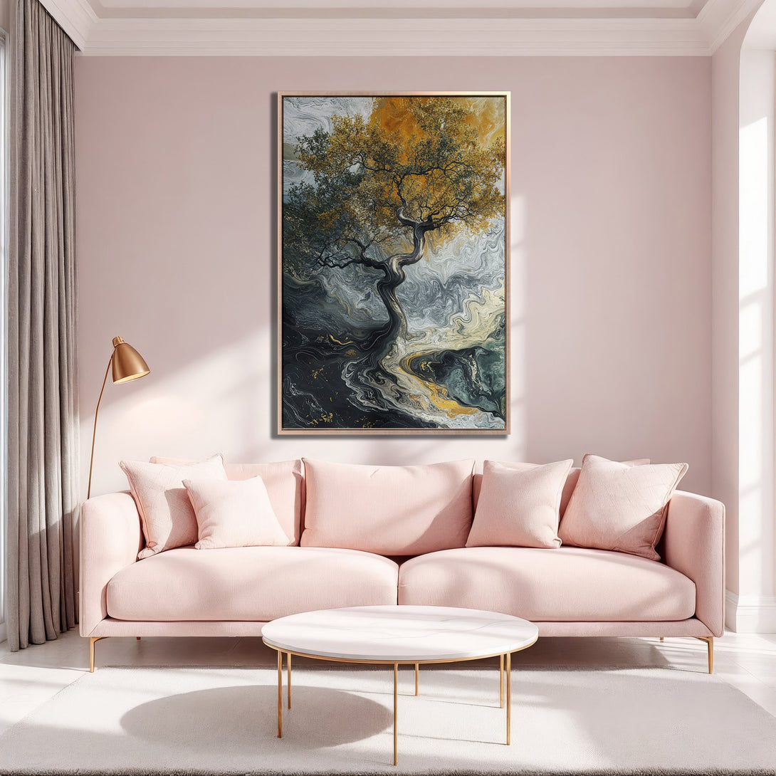 Framed Wall Art: Abstract tree art in gold, gray, and black tones. Modern canvas print adds elegance to a pink living room. Shop now for stylish home decor!
