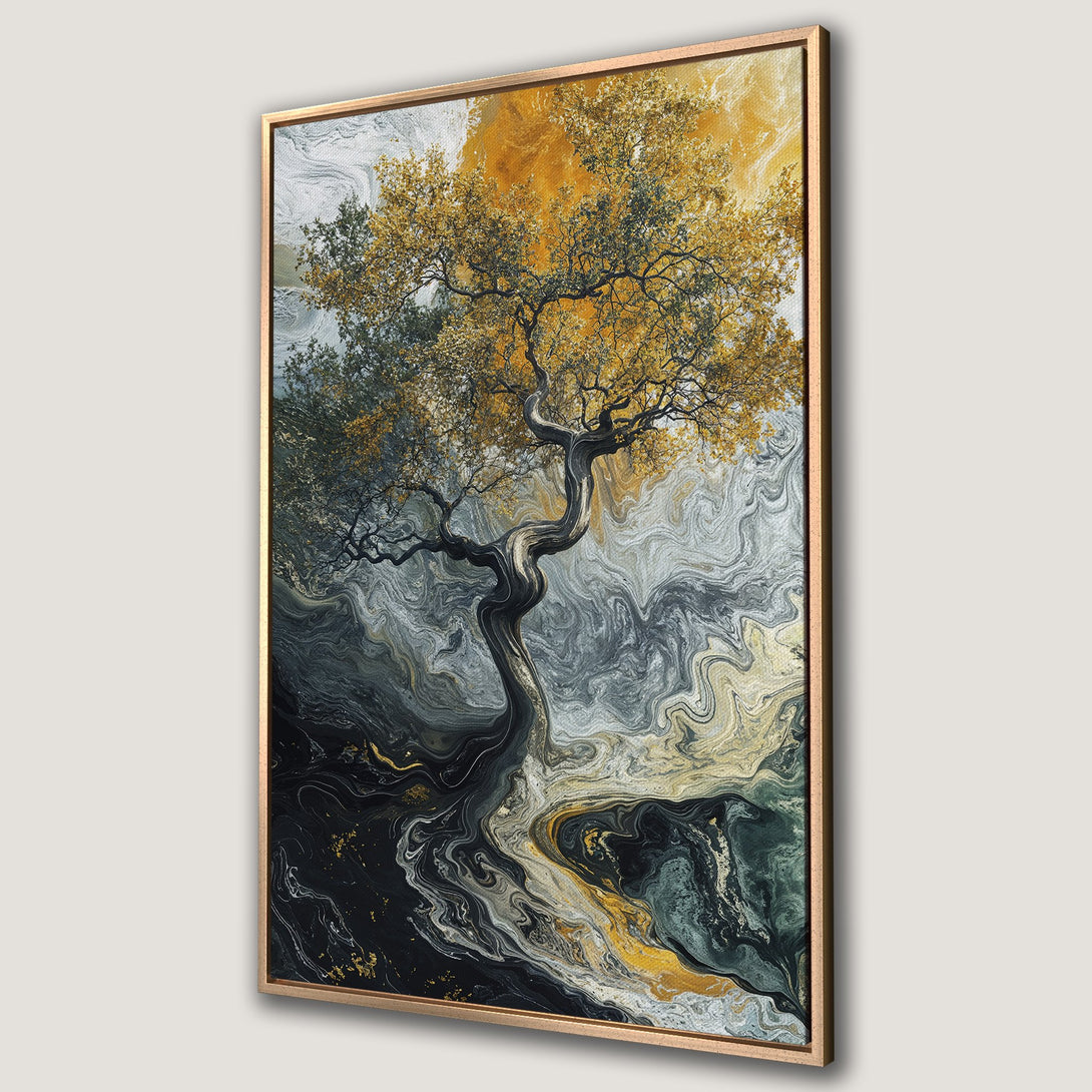 Framed Wall Art: Abstract tree art print with gold, gray, and black color palette. Modern wall decor for living room or bedroom.