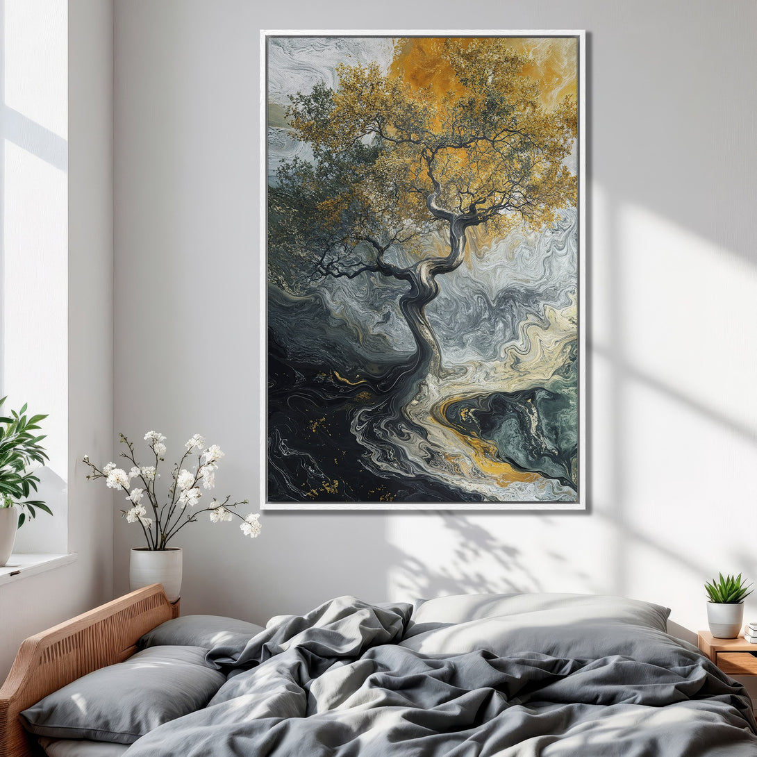 Framed Wall Art: Abstract tree art in gold, gray, and black. Modern canvas print for bedroom decor. Enhance your space with this stunning artwork.