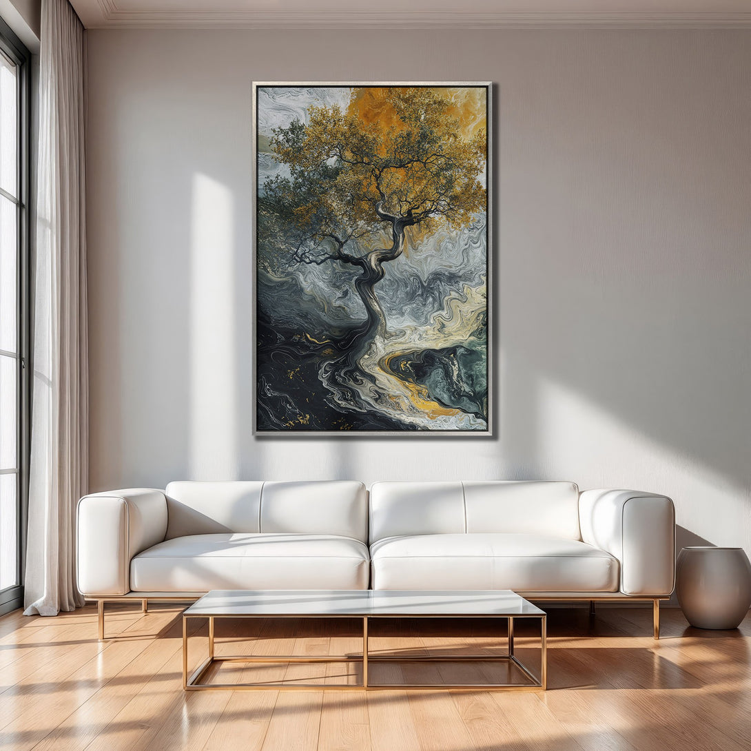 Framed Wall Art: Abstract tree art in gold, gray, and black. Modern canvas print adds a touch of elegance to any interior.