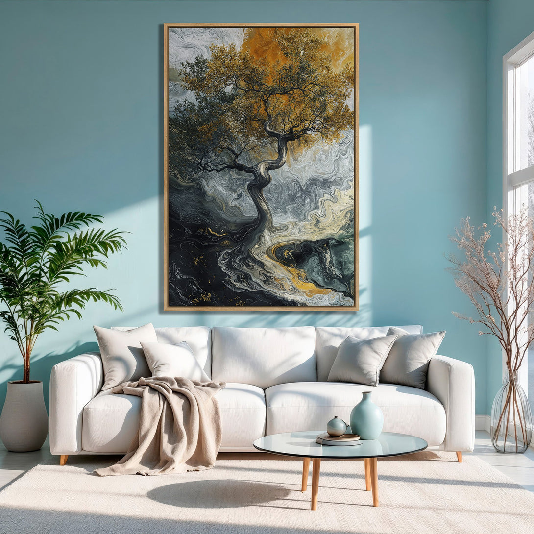 Framed Wall Art: Abstract tree Canvas Print with gold, gray, and black hues. Modern art for living room decor, enhancing any interior with a touch of elegance.