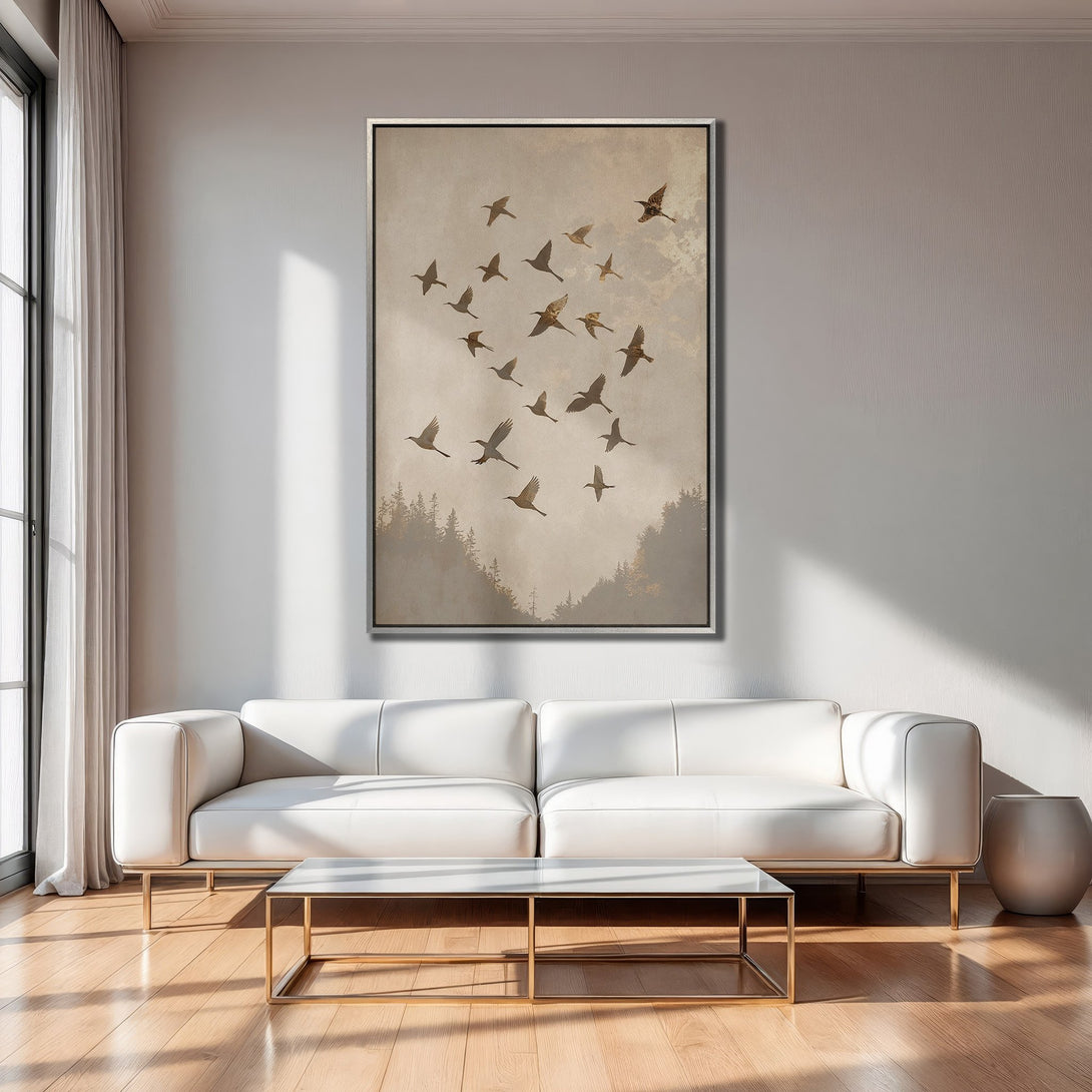 Framed Wall Art featuring a flock of birds in flight, neutral color palette. Perfect for modern home decor.