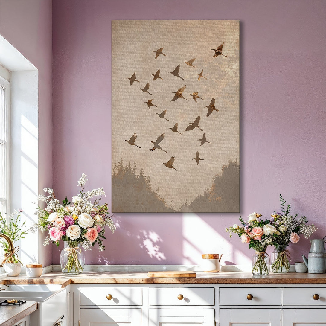 Framed Wall Art featuring a flock of birds in flight, neutral tones. Modern, elegant Canvas Print in a living room setting.
